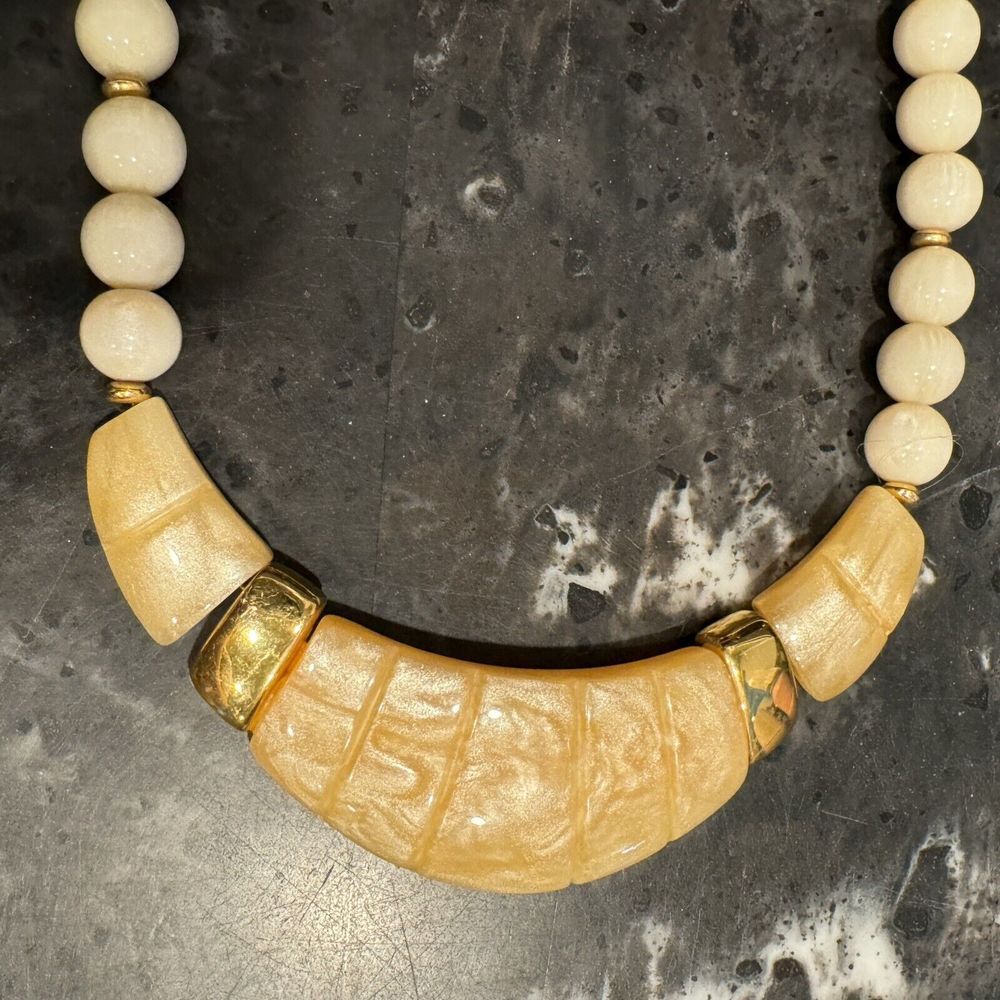 Vintage 16" Napier Ivory & Gold Tone Bib Choker Necklace w/ Round Ivory Beads - Picture 2 of 4